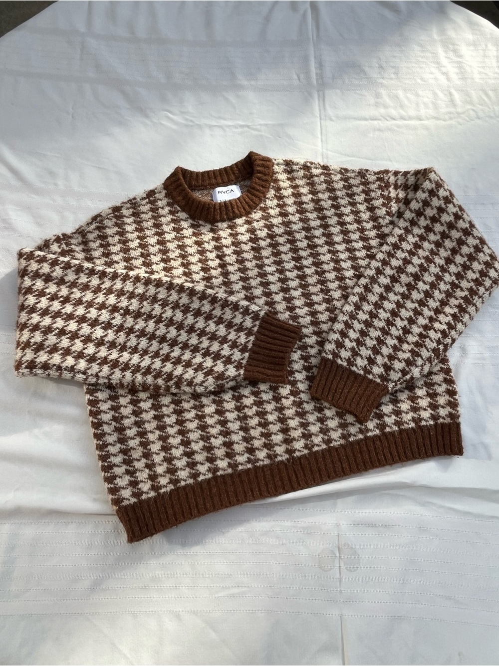 RVCA Prep Brown and Cream Houndstooth Crewneck Sweater